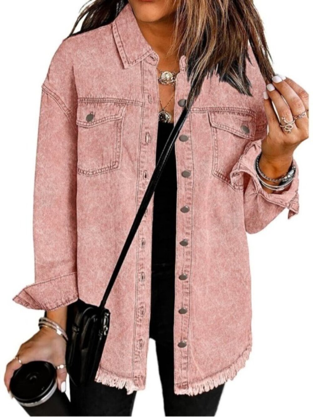 Womens Dusty Pink Oversized Drop Shoulder Button Up Frayed Hem Denim Jean Jacket